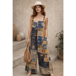 NWT Yak & Yeti L/XL Patchwork Wide Leg Overalls Jumpsuit Boho Nepal